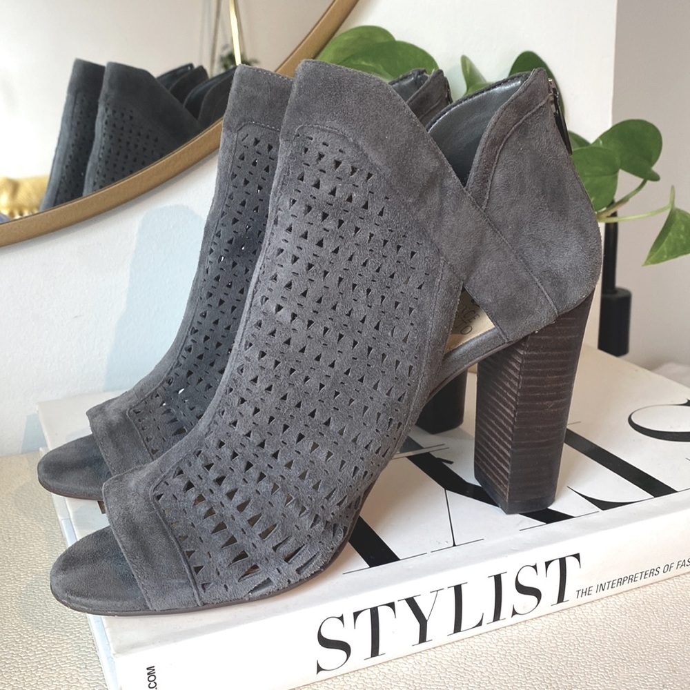 Vince Camuto Charcoal Cranita Geometric Perforated Open Toe Suede Heeled Booties